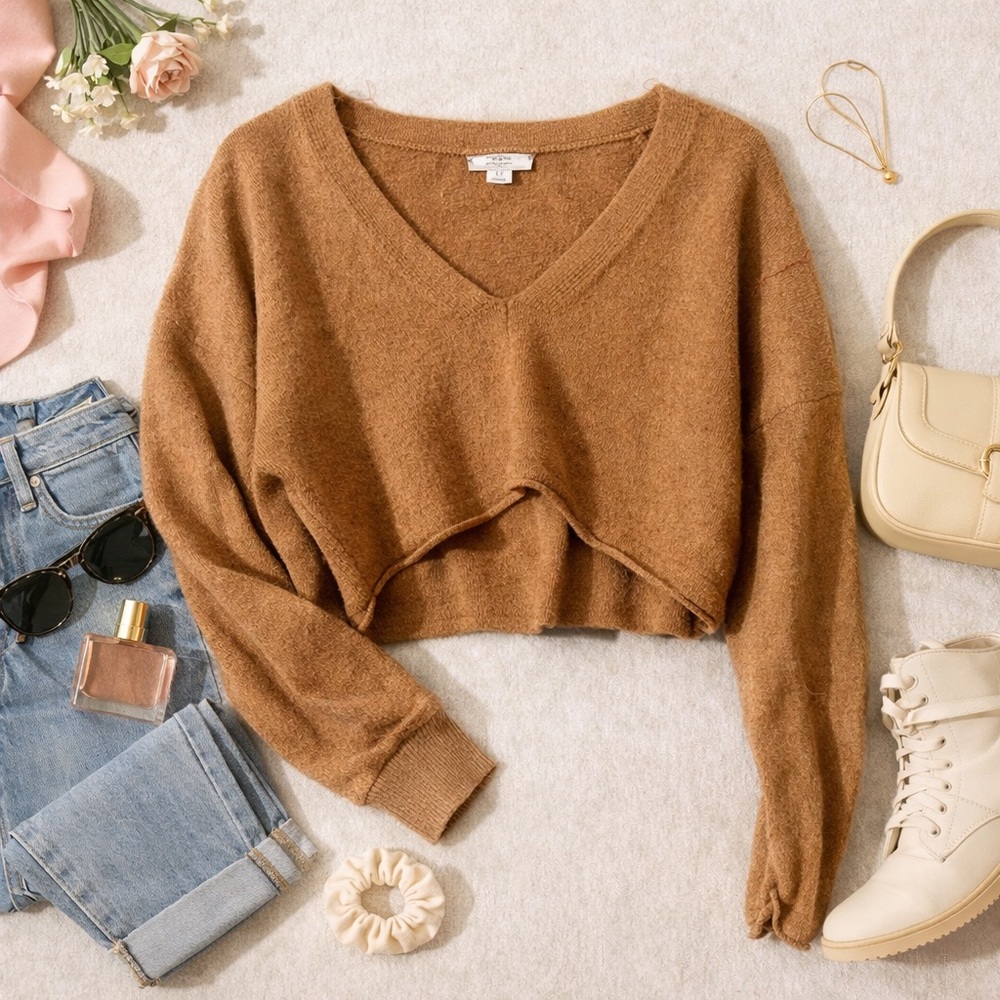 BDG Urban Outfitters Women’s S/P Camel Brown Cropped V-Neck Sweater